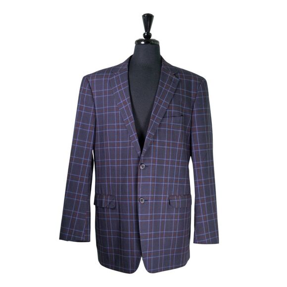 Saddlebred Mens Blazer 44L Blue Red Plaid Cotton Sport Coat 2 Button Jacket - Picture 1 of 9